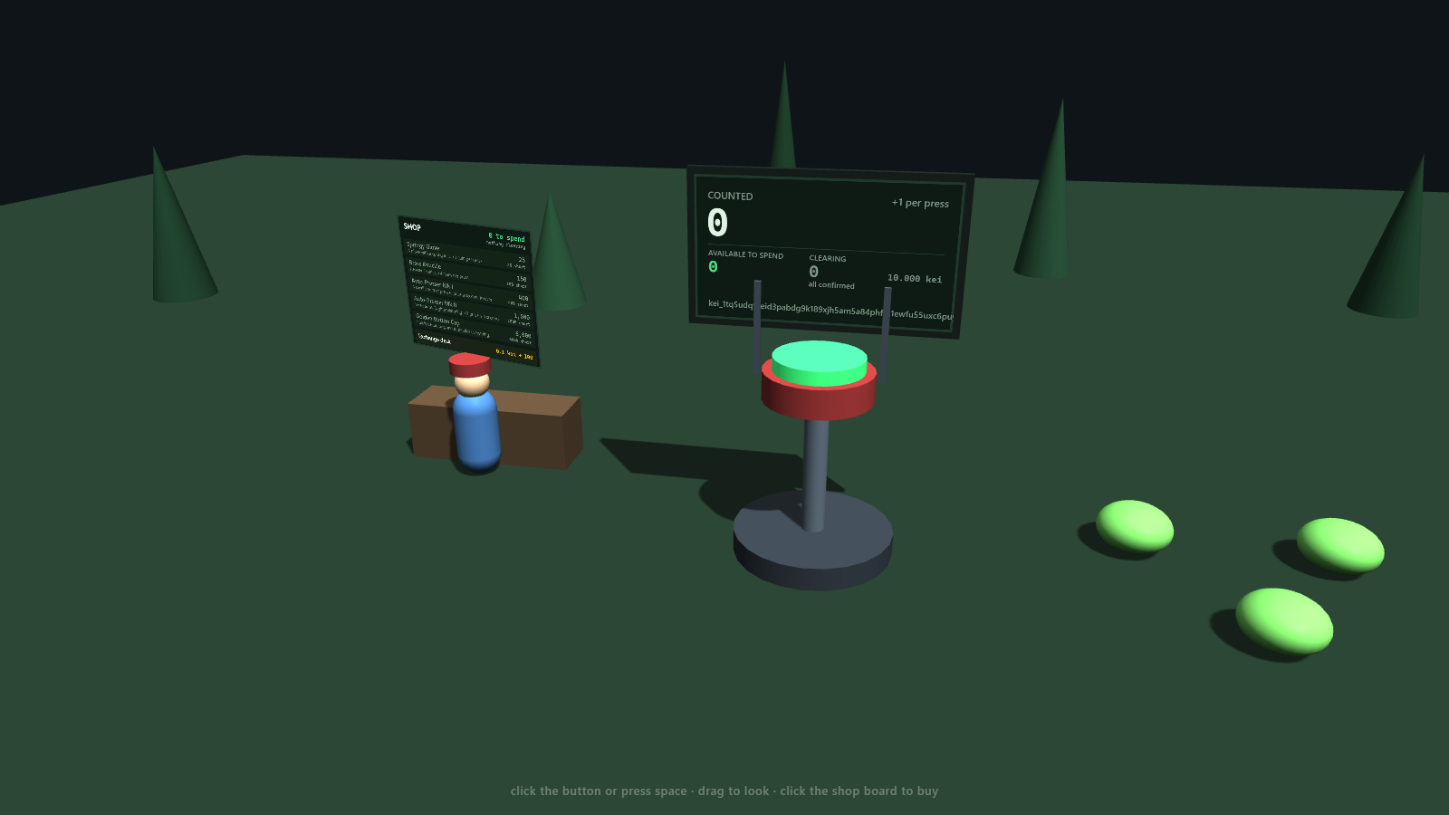 Local Button game showing the green button, reward counter, NPC shop board, shopkeeper, and targets
