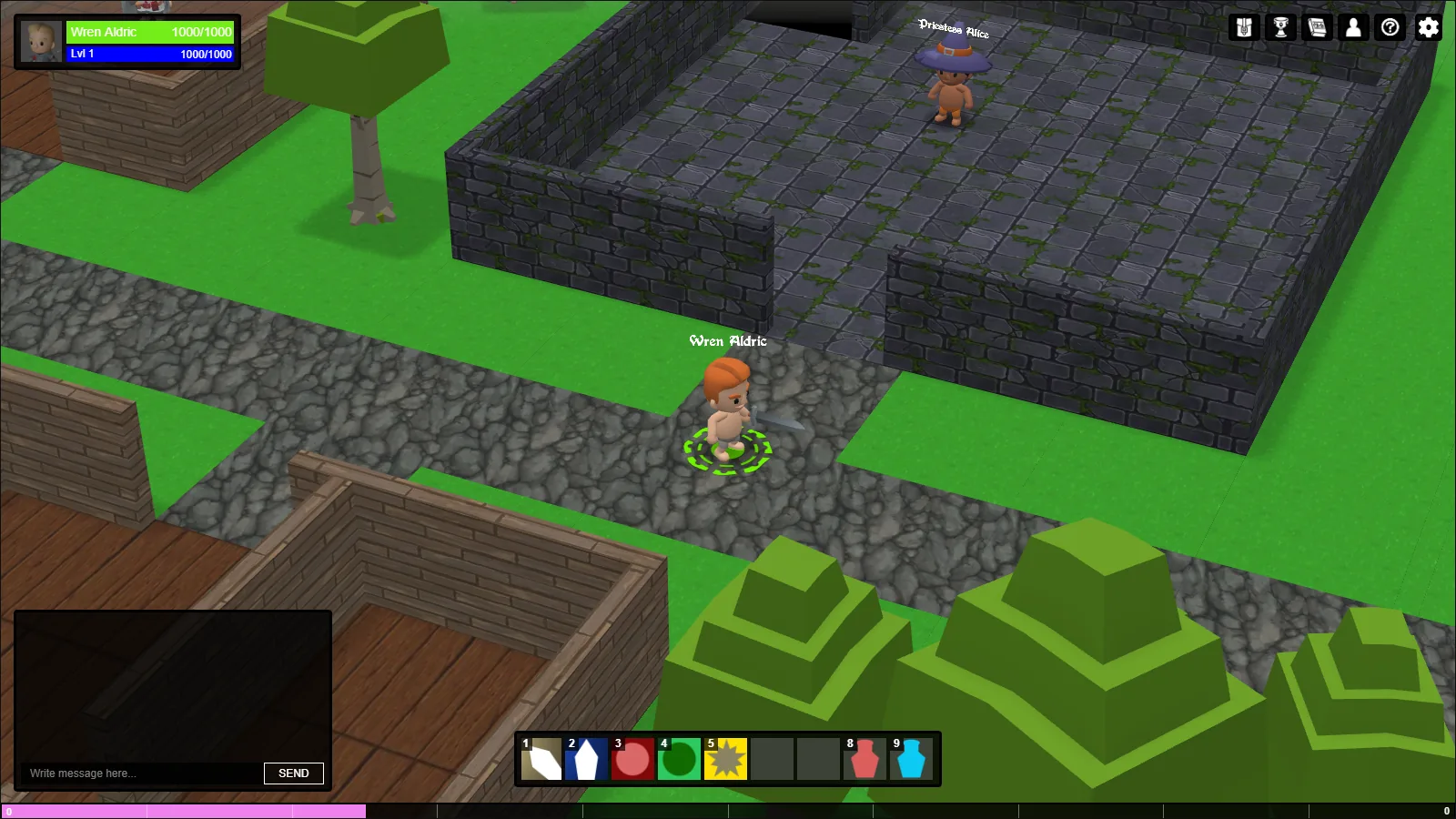 World of Wonder gameplay view with character, village, combat hotbar, chat, and HUD